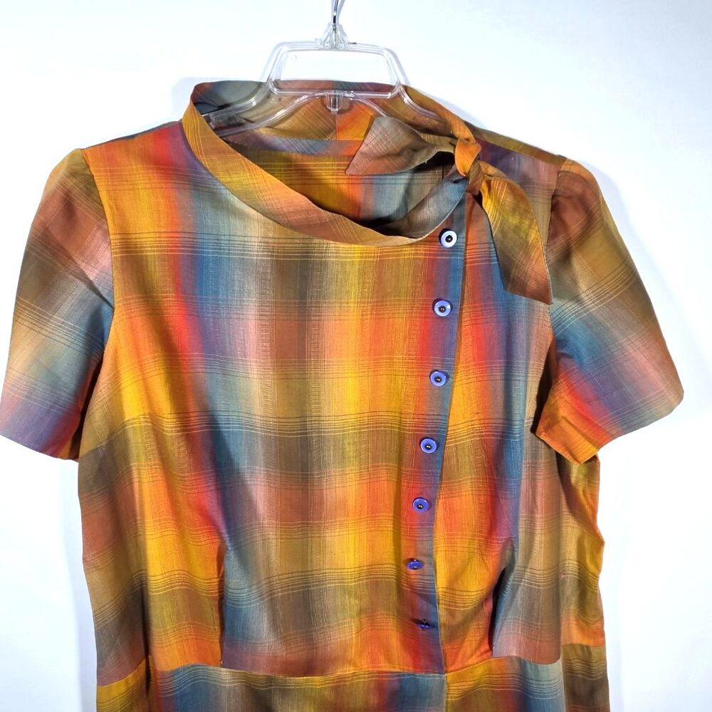 VTG 60s 70s Rainbow Plaid Shift Dress Side Button Mod Shirtdress WhimsiGoth XL - Picture 3 of 7